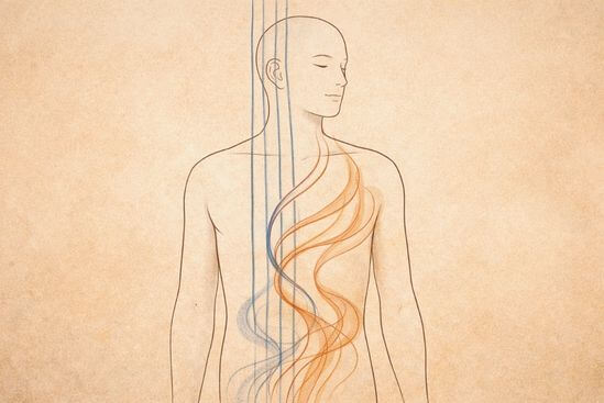 Corpo em ilustração com linhas firmes e fluidas integradas, sugerindo Consciência e energia no Tantra.