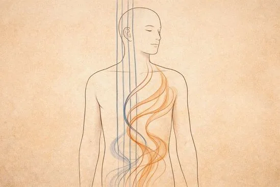 Corpo em ilustração com linhas firmes e fluidas integradas, sugerindo Consciência e energia no Tantra.