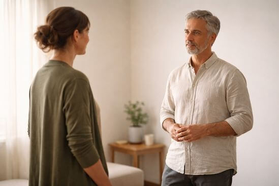 Duas pessoas em encontro equilibrado e respeitoso, expressando autonomia espiritual.