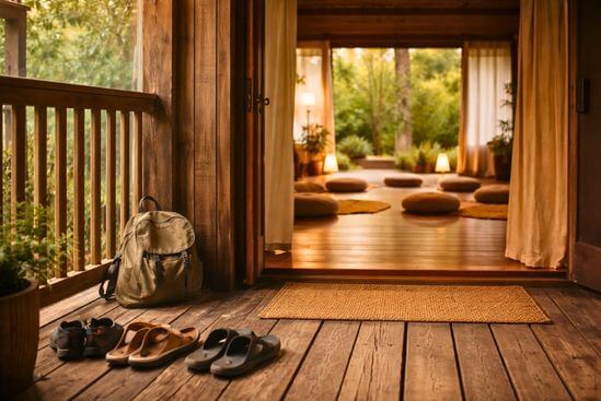 Entrada discreta de espaço de prática com sinais de acolhimento, sugerindo como funciona um retiro de Tantra.