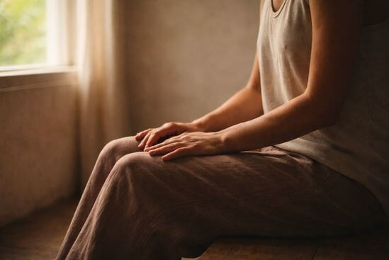 Figura humana sentada de perfil com mãos presentes sobre as coxas, em ambiente despojado com luz natural lateral — evocando o limiar do primeiro passo de aproximação com o corpo e a intimidade, tema que atravessa a diferença entre sessão de massagem tântrica e processo terapêutico.
