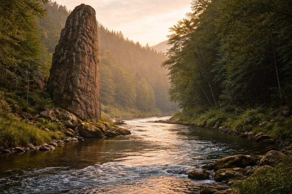 Formação rochosa vertical ao lado de rio em fluxo, simbolizando o Shiva e Shakti significado.
