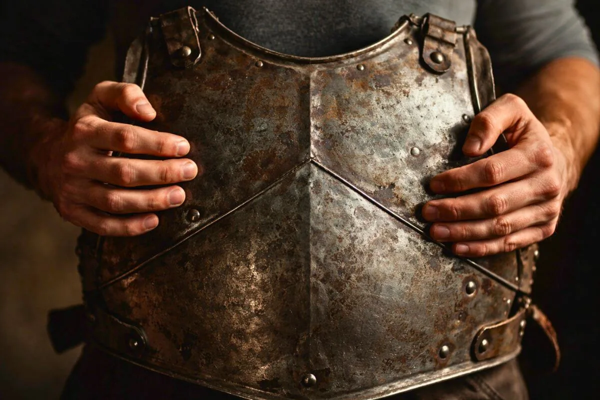 Fotografia close-up de armadura metálica envelhecida com superfície áspera e marcas de uso, simbolizando a repressão emocional masculina como proteção construída peça a peça sobre o corpo.