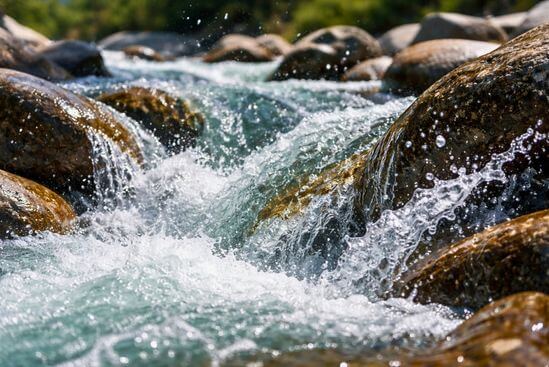 Fotografia de água cristalina saltando sobre pedras de rio, representando a polaridade masculina e feminina no Tantra.
