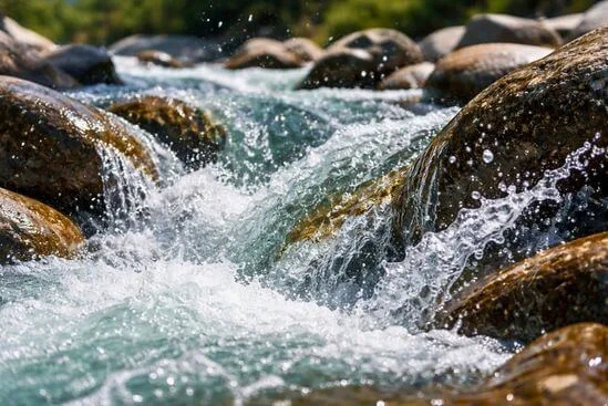 Fotografia de água cristalina saltando sobre pedras de rio, representando a polaridade masculina e feminina no Tantra.