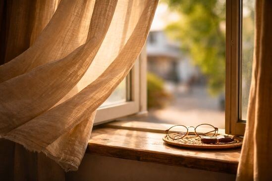 Fotografia de janela com luz solar e cortina leve, simbolizando a conclusão do artigo sobre o que esperar de um retiro de Tantra.