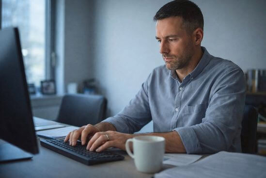 Homem adulto em mesa de trabalho com postura funcional e expressão neutra, ilustrando como a dificuldade masculina de expressar emoções se esconde na normalidade do cotidiano.