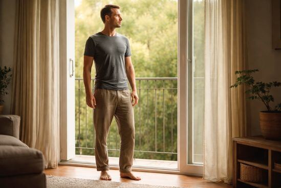 Homem descalço e presente junto à luz natural, imagem de masculinidade saudável.