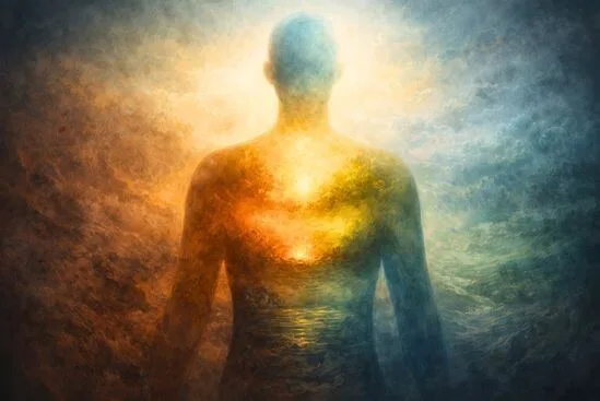 Ilustração de figura humana com regiões internas de luz e textura distintas, representando os conceitos do Tantra dos chakras como mapa vivo de territórios da experiência, não como diagrama técnico.