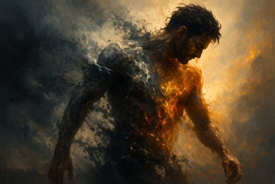 Ilustração de figura masculina em movimento com camadas internas de texturas e temperaturas visuais distintas, representando o processo não-linear de retorno à saúde mental masculina.
