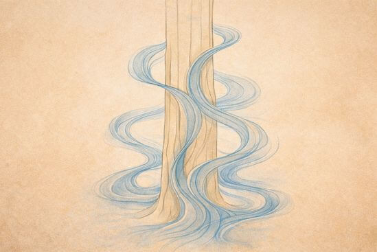 Ilustração de forma vertical acolhendo fluxo de água, representando Desequilíbrio de Shiva e Shakti superado em integração.
