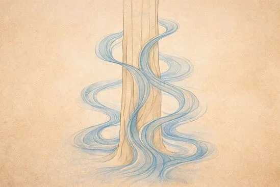 Ilustração de forma vertical acolhendo fluxo de água, representando Desequilíbrio de Shiva e Shakti superado em integração.
