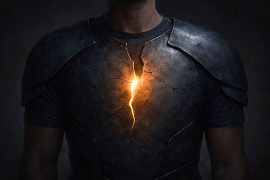 Ilustração de peito rachado com luz contida, metáfora da saúde mental masculina sob pressão.