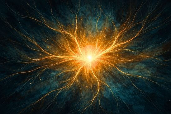 Ilustração orgânica de filamentos luminosos em fundo escuro, descrevendo visualmente como funciona um retiro de Tantra nos processos internos.