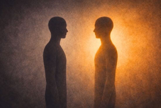 Ilustração simbólica de figura humana em perfil observando reflexo com contorno levemente diferente do seu, em dois campos de cor com transição gradual — traduzindo a distância entre a demanda nomeada e a necessidade real, distinção central em como escolher entre massagem tântrica e terapia tântrica.