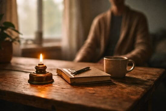 Lamparina acesa sobre mesa simples ao amanhecer, sugerindo ética no tantra e prática constante.