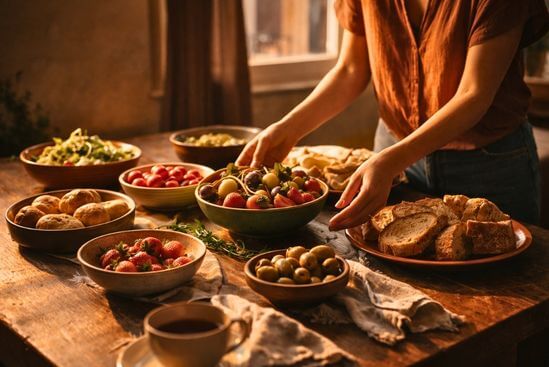 Mãos femininas dispondo alimentos em mesa abundante com luz quente de fim de tarde, evocando a ciclicidade feminina na fase de expansão, nutrição e vínculo da Mãe do Verão.