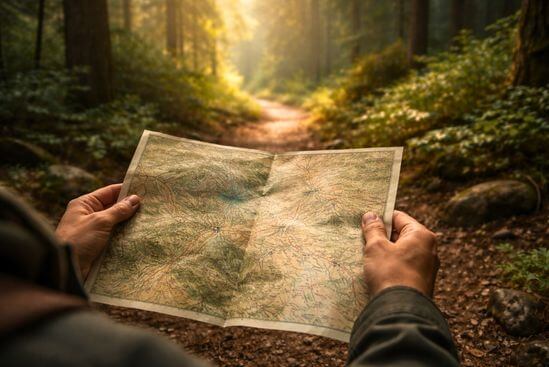 Mãos segurando mapa diante de trilha na floresta, sugerindo o significado dos termos do tantra.