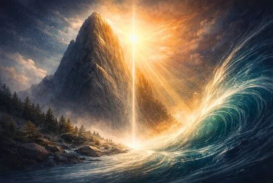 Montanha e fluxo de água se encontrando em ilustração, traduzindo termos tântricos de presença e energia.