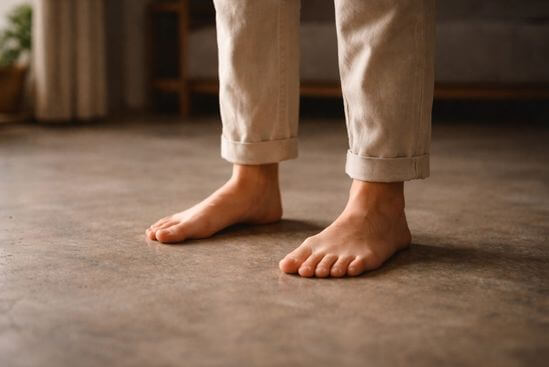 Pernas e pés firmes no chão em exercício de aterramento para ansiedade com base e sustentação.