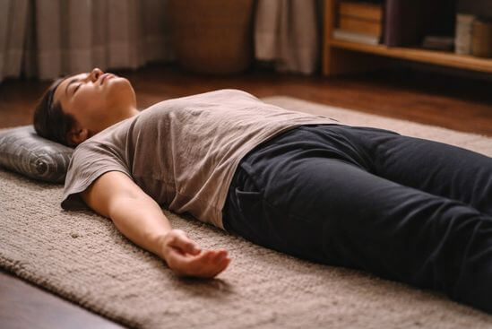 Pessoa deitada percebendo o peso do corpo no chão, prática de como voltar para o corpo na ansiedade.