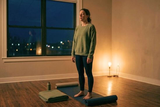 Pessoa em prática adaptada com luz baixa no fim do dia, mostrando a Meditação Dinâmica do Osho à noite com mais suavidade.