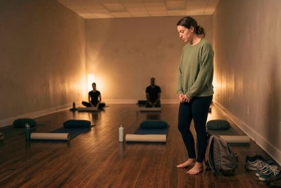 Sala preparada com luz baixa e espaço entre participantes, mostrando Como funciona a meditação dinâmica do Osho desde a chegada e preparação.
