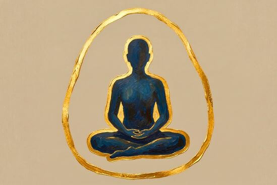 Silhueta protegida por um contorno dourado firme, representando a segurança na união entre meditação ativa e tantra.