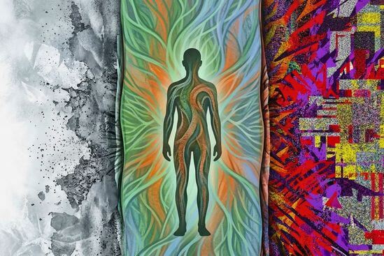 Ilustração de corpo entre zona estável e bordas de excesso e apagamento, representando Meditação dinâmica e sistema nervoso.