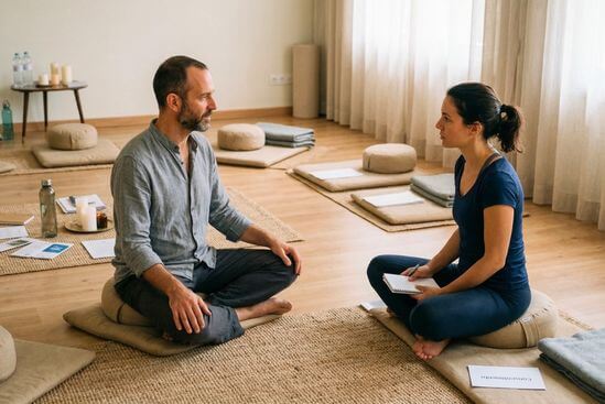 Sala organizada e facilitador orientando participantes com clareza, em contexto de Meditação ativa e tantra responsável.