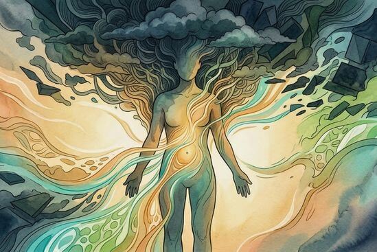 Ilustração de figura humana saindo de um campo denso para mais espaço interno, sugerindo Benefícios da meditação ativa.