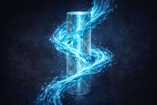 Imagem simbólica de pedra translúcida integrada a um fluxo de água luminosa, representando consciência e energia no Tantra.