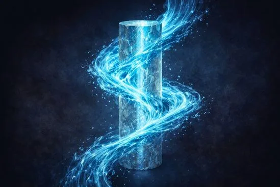 Imagem simbólica de pedra translúcida integrada a um fluxo de água luminosa, representando consciência e energia no Tantra.