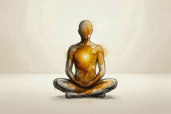 Desenho minimalista de silhueta em repouso com luz interna expandindo, sobre Meditação Dinâmica do Osho à noite.