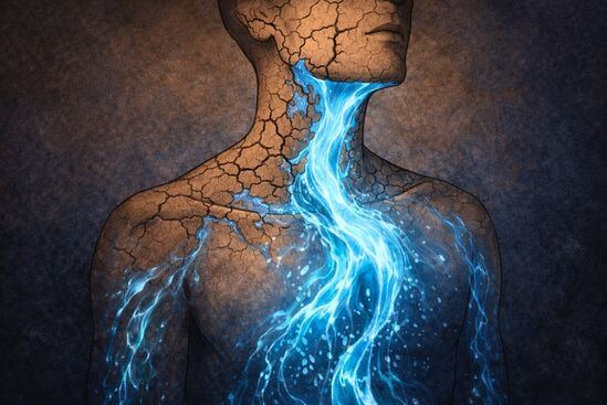 Ilustração simbólica de silhueta humana com tensões de barro rachado sendo dissolvidas por fluxo líquido, mostrando o desequilíbrio de Shiva e Shakti.