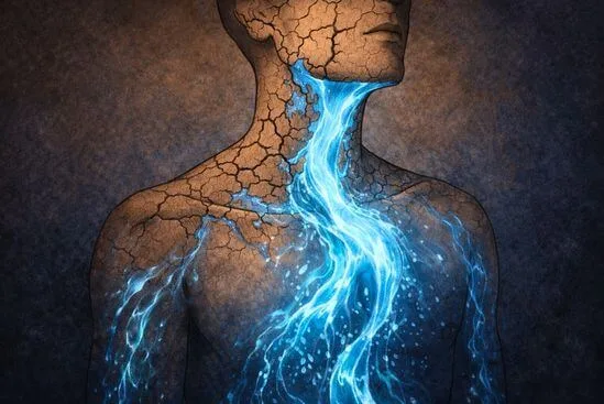 Ilustração simbólica de silhueta humana com tensões de barro rachado sendo dissolvidas por fluxo líquido, mostrando o desequilíbrio de Shiva e Shakti.