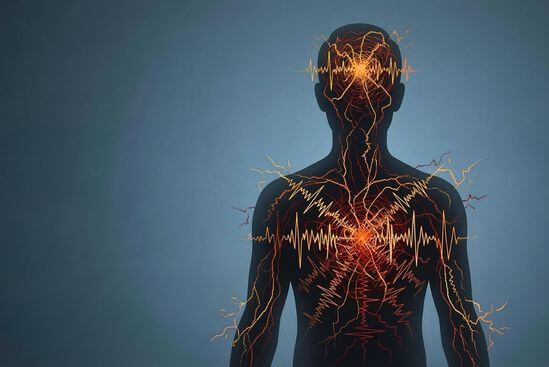 Ilustração de silhueta humana preenchida por linhas elétricas caóticas, representando como o sistema nervoso reage nas Meditações Ativas.