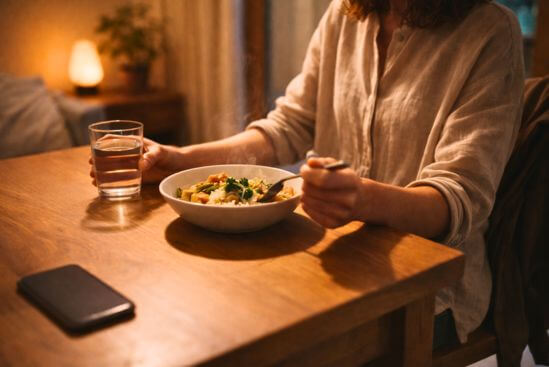 Pessoa sentada à mesa com água e refeição simples, gesto ligado aos cuidados após a terapia tântrica.