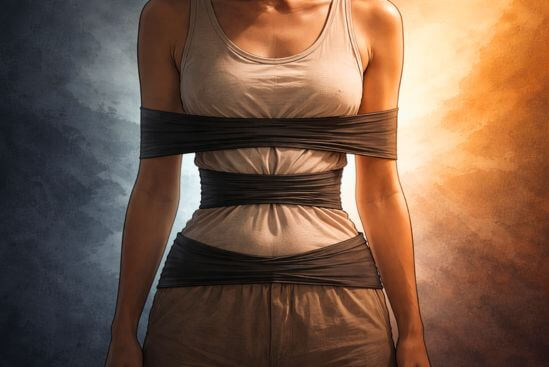 Torso ilustrado comprimido por faixa escura, metáfora visual de o que é culpa religiosa.