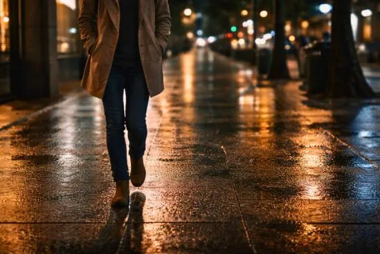 Fotografia de pessoa caminhando em calçada urbana à noite com asfalto molhado e reflexos de luz artificial, corpo presente mas sem nitidez de identidade, traduzindo a sensação difusa de o que é campo energético antes do discernimento.