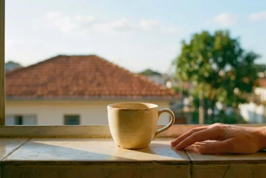 Xícara de cerâmica simples sobre parapeito de janela com luz horizontal de fim de tarde e exterior cotidiano ao fundo, evocando como o tantra ajuda na vida cotidiana como presença no ordinário habitado.