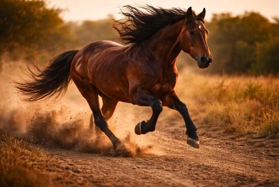 Cavalo galopando sem rédeas em campo aberto com luz de fim de tarde e poeira levantada pelas patas, representando a força da mente agitada que corre sem direção consciente.