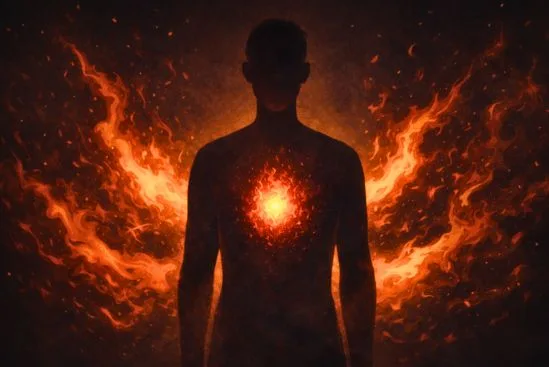 Ilustração de corpo com centro estável entre ondas intensas; como o tantra ajuda na vida cotidiana.