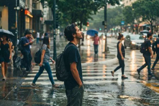 Pessoa em pausa antes de atravessar rua molhada; imagem de tantra no dia a dia.