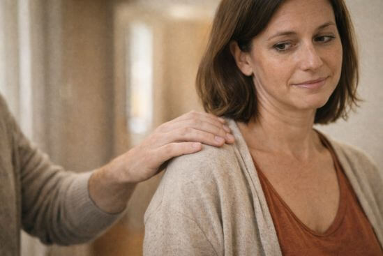 Mão toca o ombro enquanto o corpo se retrai discretamente, sugerindo toque invasivo.