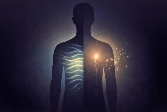 Ilustração de corpo com circulação suave e vazamento discreto, evocando sinais de vampirismo energético.