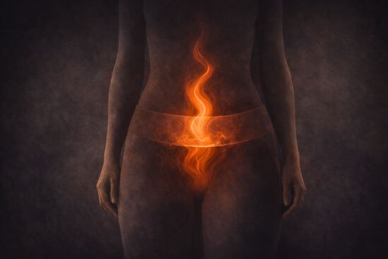 Ilustração de fluxo interno que sobe pelo corpo e encontra contenção na pelve, sugerindo o que a rigidez na pelve revela.