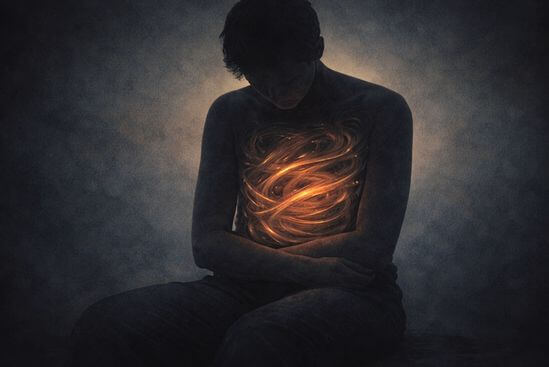 Ilustração de silhueta sentada com correntes de movimento contínuo no interior do peito, representando o estado interno que leva alguém a buscar o que é a Meditação Kundalini do Osho.