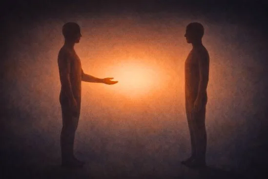 Ilustração de duas silhuetas humanas de frente uma para a outra com espaço luminoso entre elas e uma mão aberta disponível sem avançar, representando os limites no toque como o espaço onde o encontro real se torna possível.