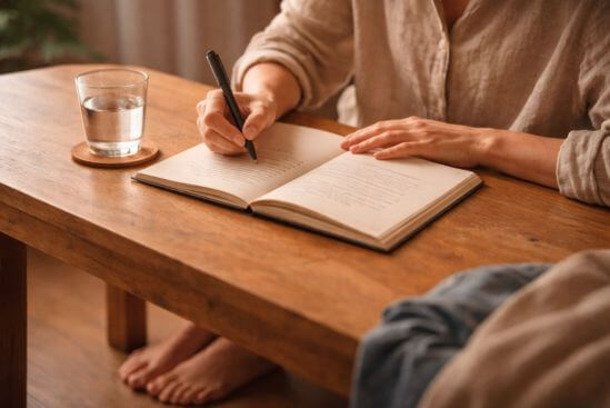 Mãos escrevendo em caderno com copo d’água por perto, acolhendo emoções depois da terapia tântrica.